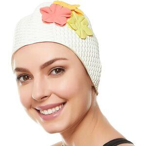 Beemo Latex Swimming Cap for Women Shield Hair from Damage-White/Colored Flowers